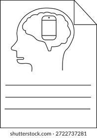 Un dibujo de línea de una cabeza con un cerebro que contiene un ícono de teléfono celular en la parte superior de tres líneas Horizontales