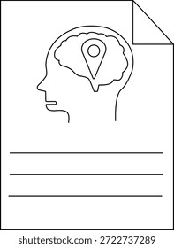 Un dibujo de línea de una cabeza con un cerebro que contiene un pin de ubicación en una página con líneas en la parte inferior