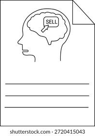 Line drawing of a head in profile with SELL inside brain over lines on paper
