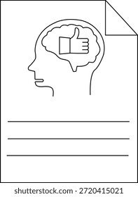 Perfil de cabeça de desenho de linha com um polegar para cima na página do cérebro com um canto dobrado e três linhas para escrever