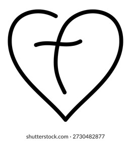 line drawing of a heart shape integrated with a Christian cross, symbolizing faith, love, and religious devotion
