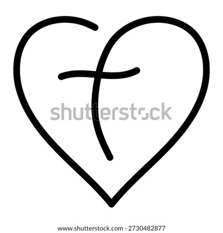 line drawing of a heart shape integrated with a Christian cross, symbolizing faith, love, and religious devotion