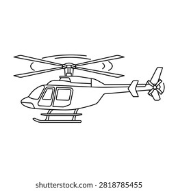 Line drawing of a helicopter in flight with spinning rotor blades