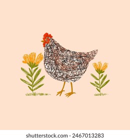 Line drawing hen, chicken in vintage engraving style hand drawn vector illustration. Poultry farm animal collection.