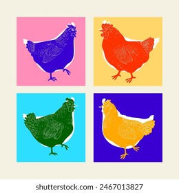 Línea de dibujo gallina, pollo en estilo de grabado vintage dibujado a mano Ilustración vectorial.