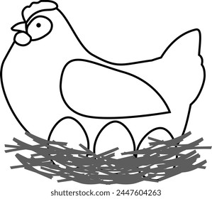 Dibujo lineal de una gallina con huevos en el nido