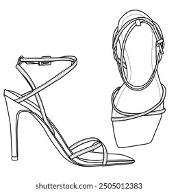 A line drawing of a high-heeled women's sandal with straps and a buckle, Technical sketch hand drawing outline vector doodle illustration, side and top view isolated on white background