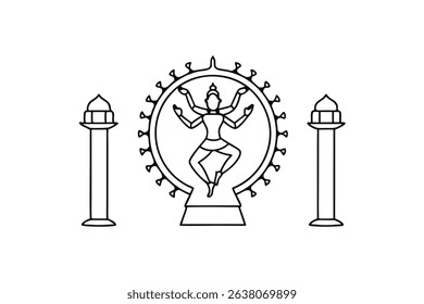 Line drawing of hindu goddess in mandala with pillars
