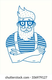 Line drawing of a hipster with a beard.man with a beard.Boy style, glasses, mustaches illustration. vector flat template..isolated on white background