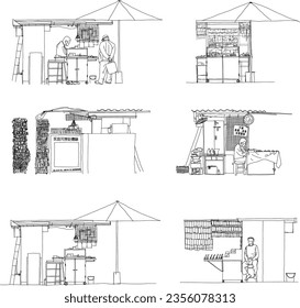 Line Drawing Hongkong Street Hawker Stalls Shops