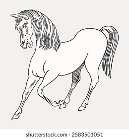 Line drawing of a horse with flowing mane, showcasing elegant pose. The horse's outline emphasizes its graceful form and movement in a simple, artistic style. Vintage Japanese illustration vector.