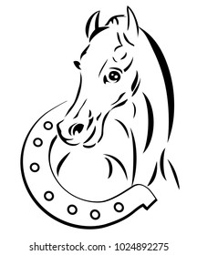 Line drawing horse head  with a horseshoe. Logo design.