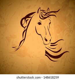 Line drawing of a horse on the old paper