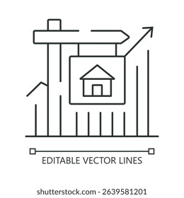 Line drawing of a house animation on a sign with an arrow pointing up. Ideal for real estate promotions. Vector isolated outline drawing. Editable stroke