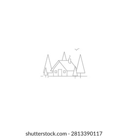 Line drawing of house with trees and bird on white background