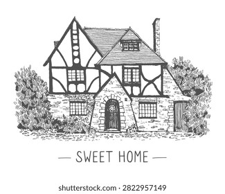 Black‑and‑white line drawing of a two‑story house in the Tudor style. The illustration shows a half‑timbered facade with exposed wooden beams arranged in geometric patterns and a stone base. The roof is steeply pitched. 

The image is a hand‑drawn ink sketch, presented as a graphic illustration in vintage style, isolated on a white background. 

The image is suitable for book covers, editorial content on architecture, renovation, or real estate, as well as for cards, invitations, scrapbooking, and prints. The monochromatic palette allows for flexible adaptation in design projects. 