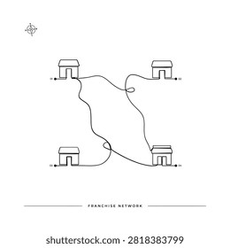 Line drawing of houses connected by a winding path franchise network illustration