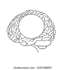 Line drawing of a human brain with place for text. Hand draw object of anatomical human brain icon. Minimalist brain design isolated on white background. Outline brain