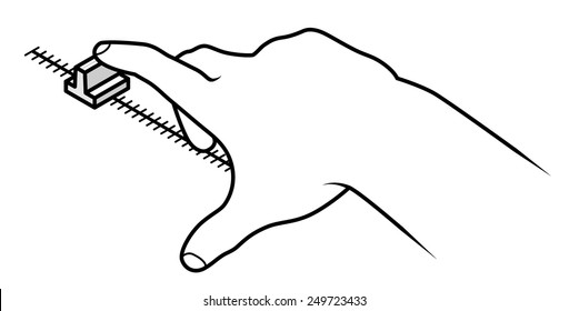 Line drawing of a human hand resting on and about to press a button.