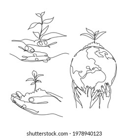 Line drawing of a human hands holding sprout linear style and Hand drawn Vector illustrations, character design collection outline