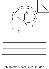 Um desenho de uma linha de uma cabeça humana contendo um cérebro com uma tag lines abaixo e um canto dobrado