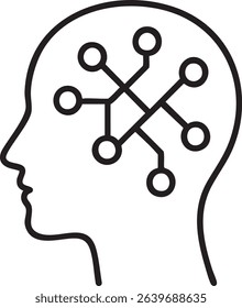A line drawing of a human head with a network inside, symbolizing artificial intelligence and the connection of neural networks.