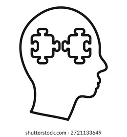 Linienzeichnung des menschlichen Kopfes im Profil mit zwei Puzzleteilen, die ein Gehirn bilden, das Denken symbolisiert