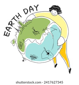 Line drawing of a human holding the earth for earth  day