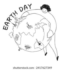 Line drawing of a human holding the earth for earth  day