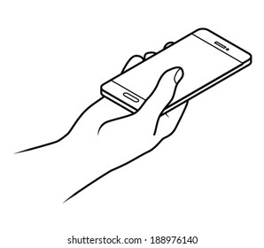 Line drawing of a human male hand holding a smartphone.