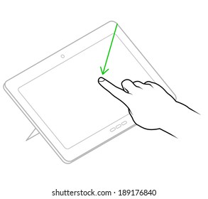 Line drawing of a human male hand demonstrating a swipe down from corner gesture on a tablet.