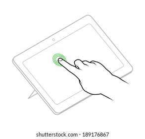 Line drawing of a human male hand demonstrating a tap to select gesture on a tablet.