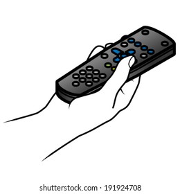 Line drawing of a human male hand holding a remote control.