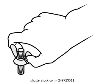 Line drawing of a human male hand turning a wing nut on a bolt. 