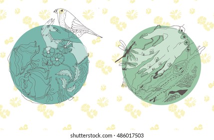 line drawing human and nature Coloring for kids and adults a lake with a frog and dragonflies
