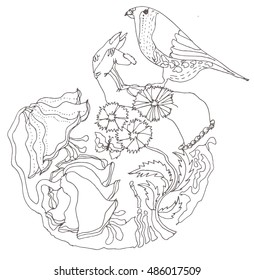 line drawing human and nature Coloring for kids and adults a lake with a frog and dragonflies