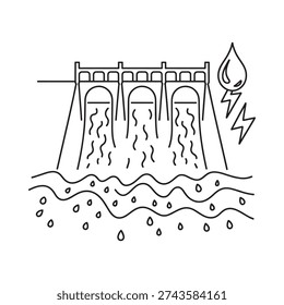 Line drawing of a hydroelectric dam with flowing water and electricity
