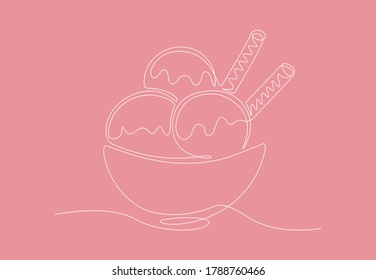 Сontinuous line drawing of ice cream in a bowl. Ice cream with wafer rolls in plate freehand drawn silhouette illustration. Vector line art isolated on pink background