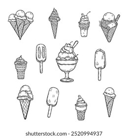 Dibujo de línea de helado. Conjunto de helados o conjunto de diferentes tipos de helados. Vector de tinta negra ilustración de bosquejo de alimentos con delicioso helado, helado en una taza, helado en un palo,