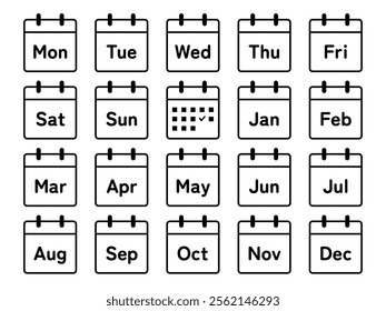 Line drawing icon set of 12 months and days of the week