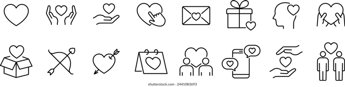 Conjunto de iconos de dibujo de línea sobre corazones vectoriales