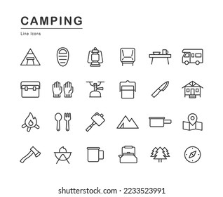 Line drawing icon set of camping equipment.