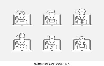 Line drawing icon set of cooks having video calls on their laptops
