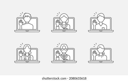 Line drawing icon set of healthcare workers having video calls on their laptops