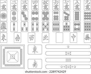 Line drawing icon set of mahjong tiles and point sticks