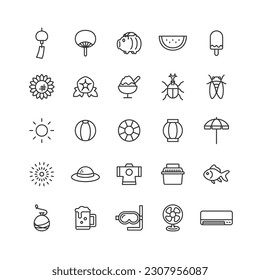 Line drawing icon set related to summer 