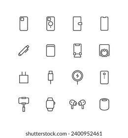 Line drawing icon set of smartphone accessories.