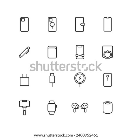 Line drawing icon set of smartphone accessories.
