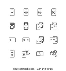 Line drawing icon set of various payment methods.