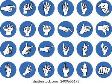 Line drawing icon set of various hand signs, hand-drawn style illustration
